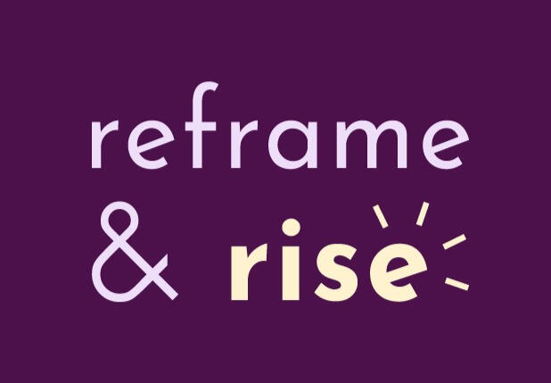 A purple logo saying reframe and rise with a sun ray from the e of rise