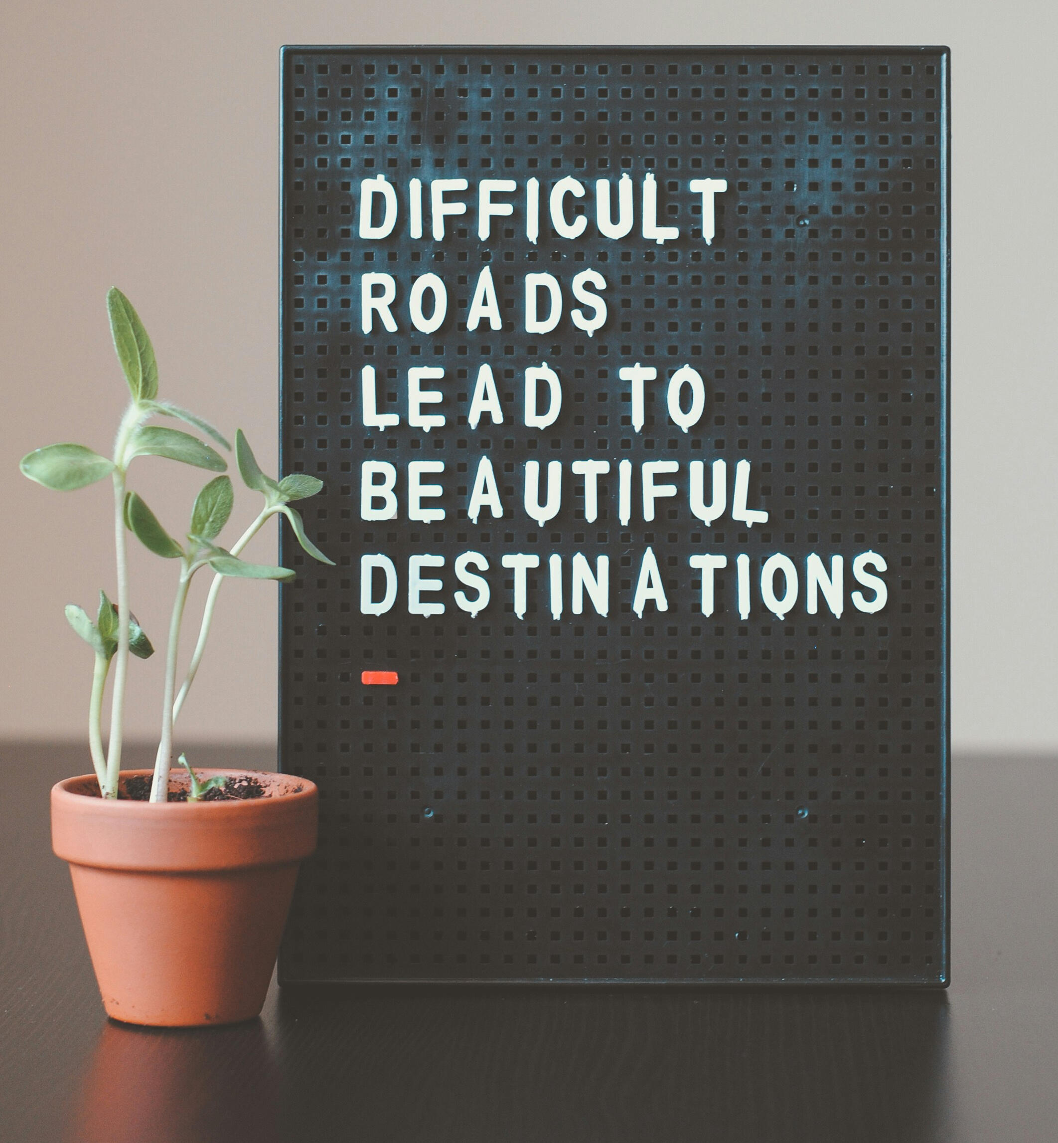 A sign which says difficult roads lead to beautiful destinations. There is a small pot with plants growing in it.